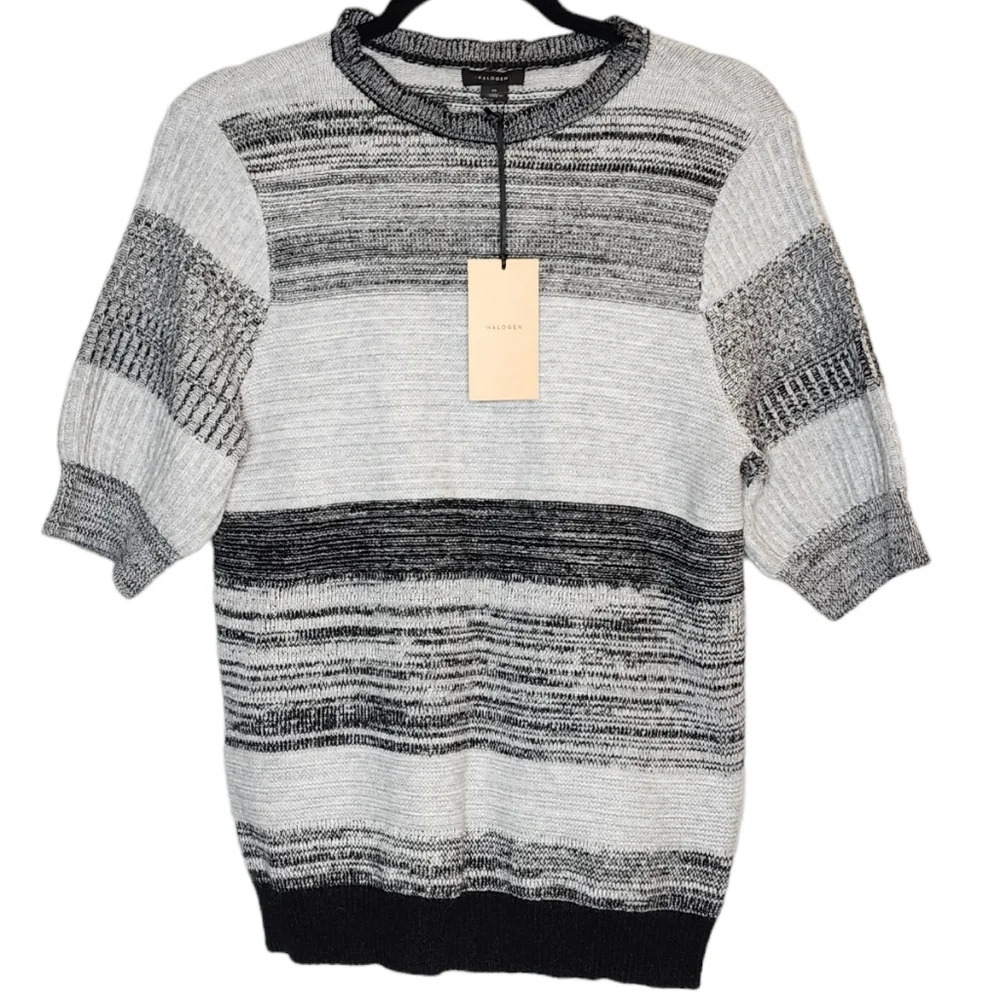 NWT Halogen Faux Cashmere Grey Stripe Puff Sleeve Sweater Size Medium